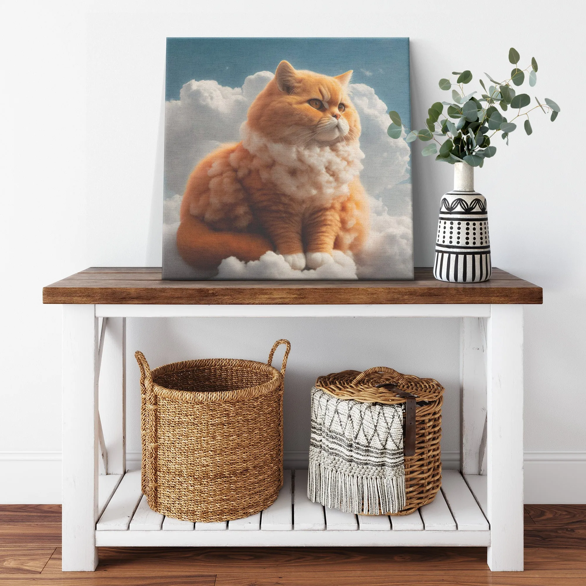 A Fluffy Ginger Cat Sitting On a Cloud Wall art canvas art latex ink