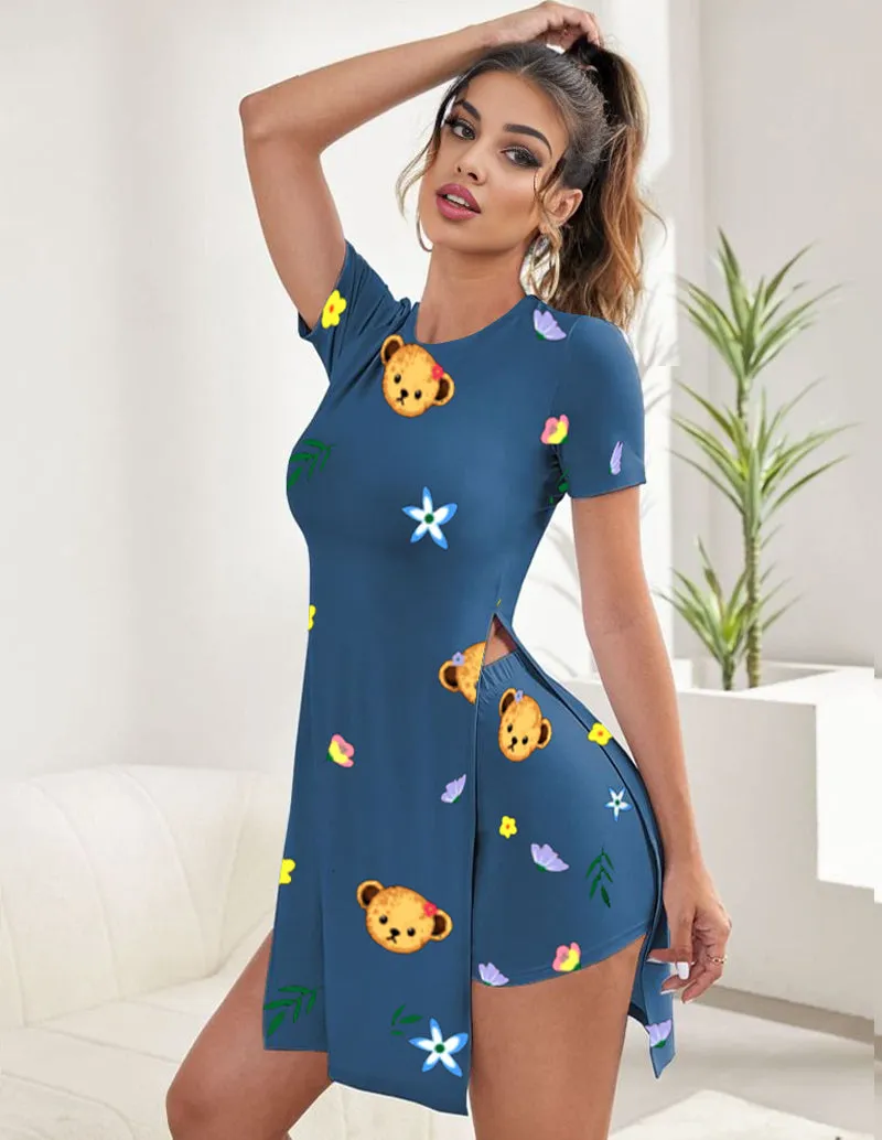 Teddy Print Tunic Top Shorts Set