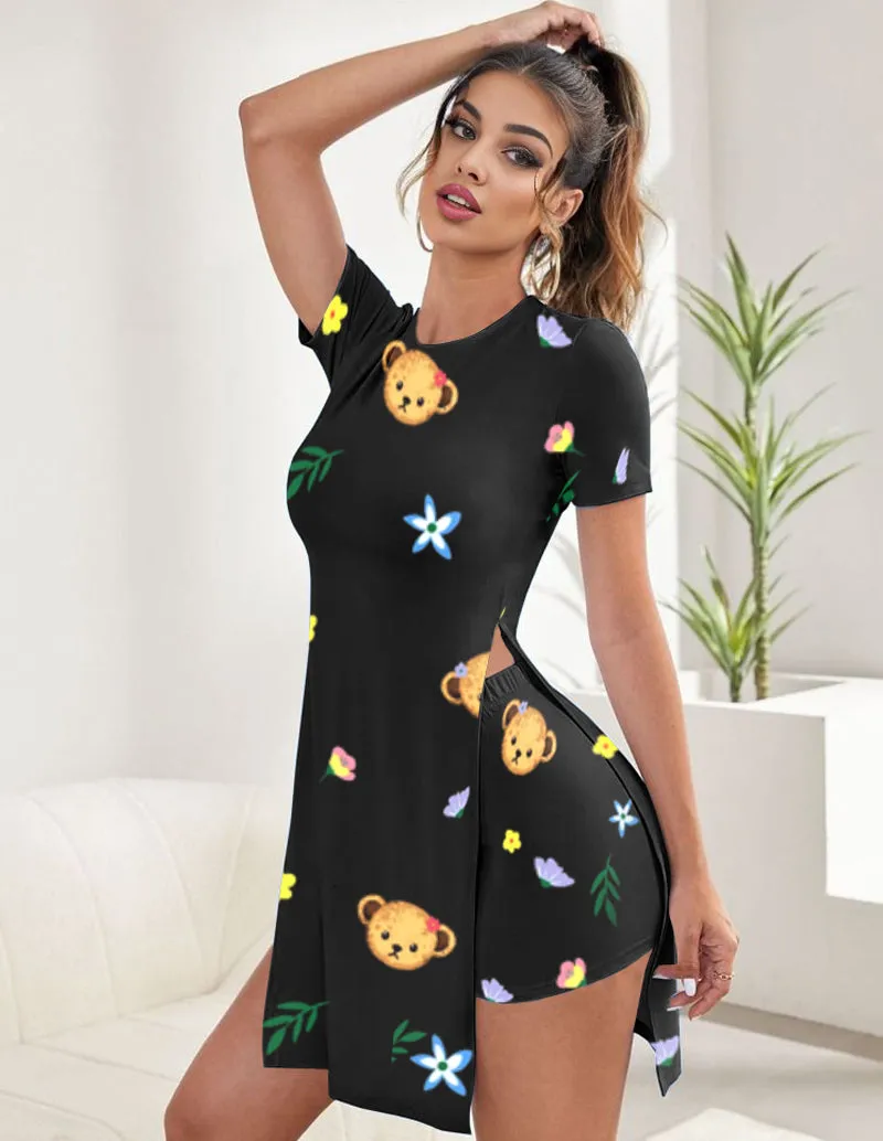 Teddy Print Tunic Top Shorts Set